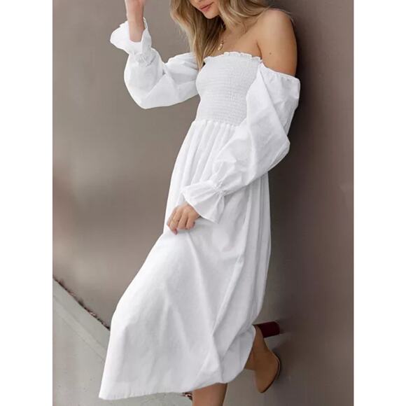 Petal and Pup Size Medium Off Shoulder Long Sleeve White Midi Dress Bridal - Picture 2 of 16